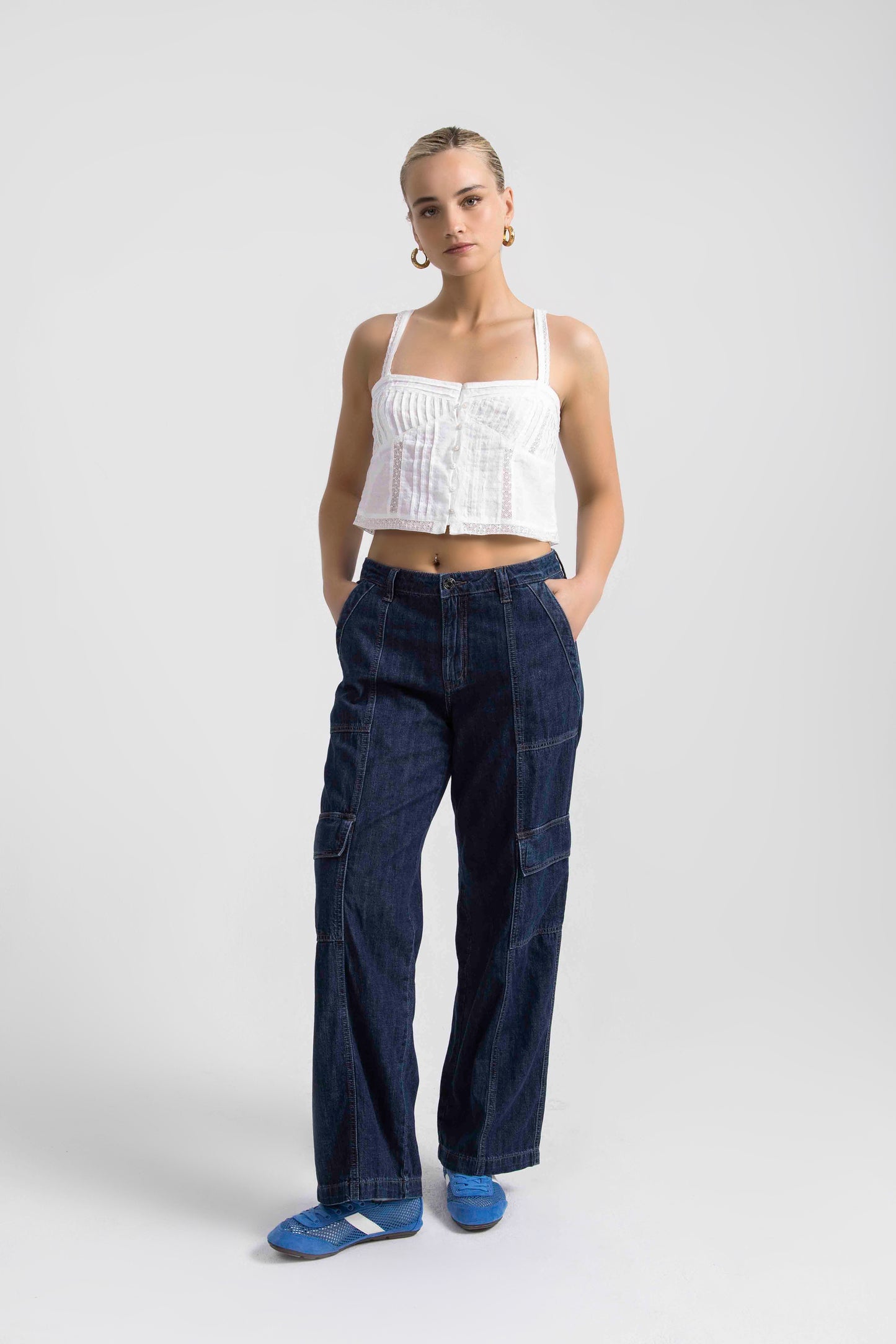 High Rise Wide Leg Cargo Jeans Elysian Blue