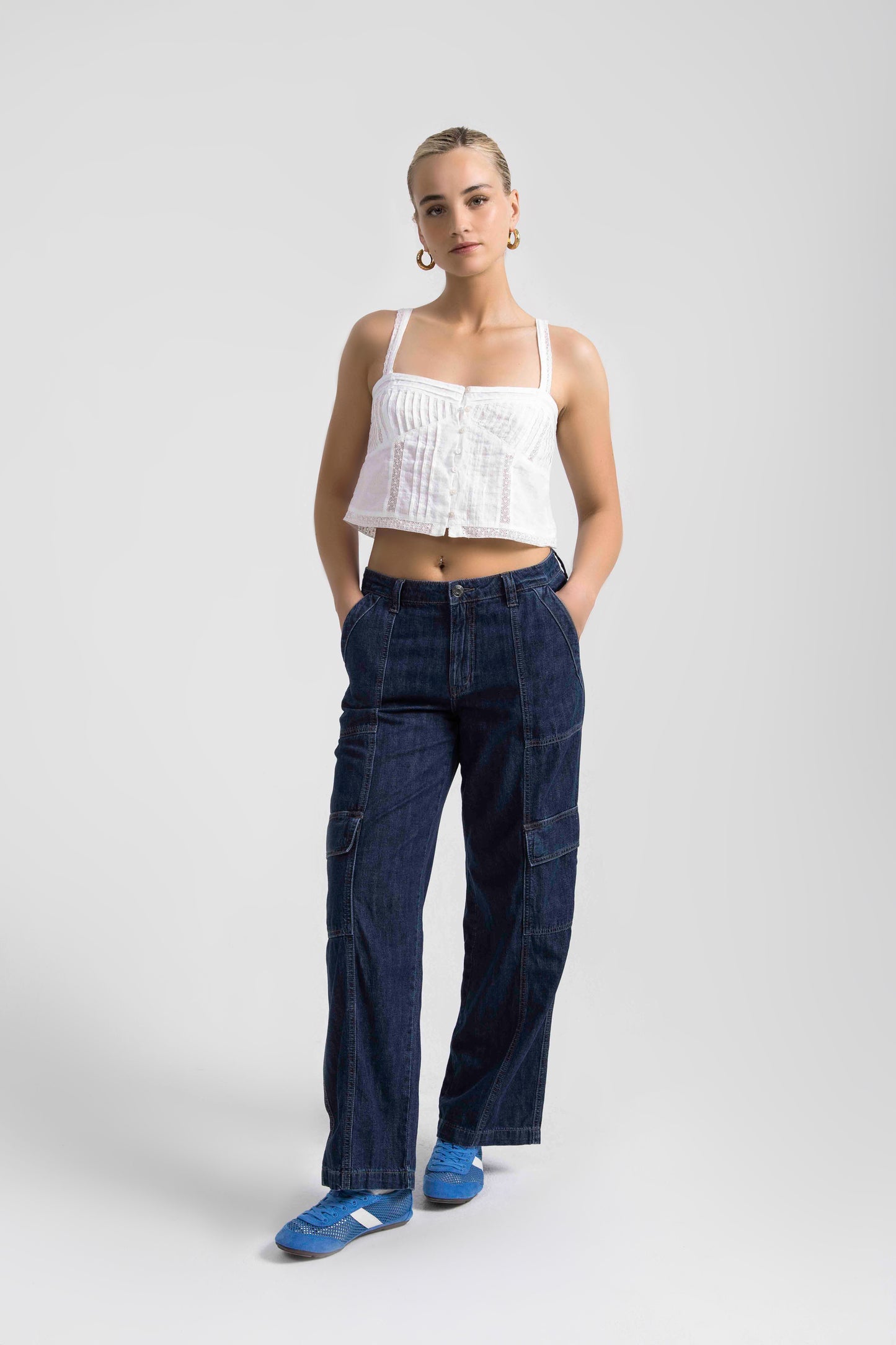 High Rise Wide Leg Cargo Jeans Elysian Blue